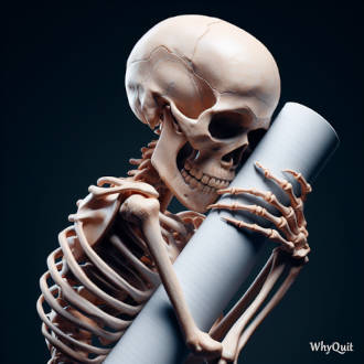 Skeleton hugging a cigarette A white human skeleton hugging a non-filter cigarette over a black background.