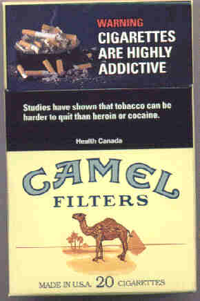 A pack of cigarettes showing Canadian cigarette pack addiction warning since 2000